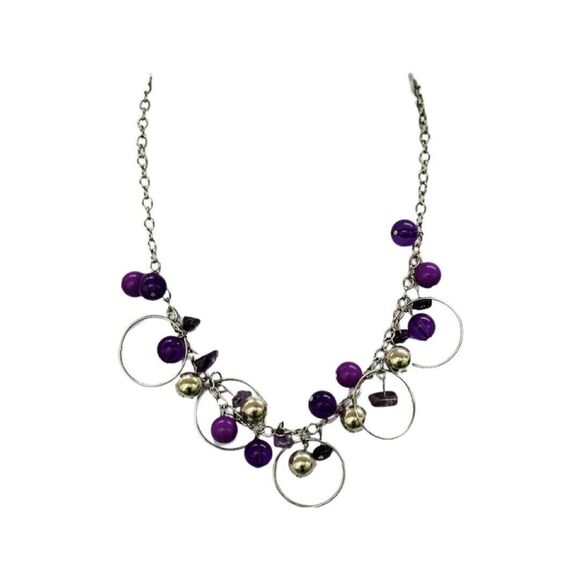 Purple Cluster Beaded Necklace 20" Circle Fashion Statement - Picture 4 of 11